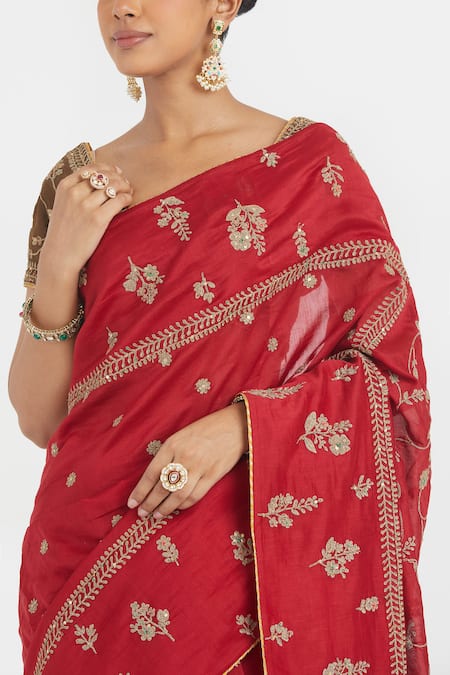 Buy_Kora_Red Organza, Chanderi , Chanderi, Dori Saree And Blouse _Online_at_Aza_Fashions