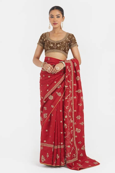 Shop_Kora_Red Organza, Chanderi , Chanderi, Dori Saree And Blouse _Online_at_Aza_Fashions
