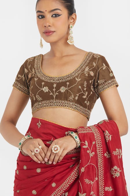 Buy_Kora_Red Organza, Chanderi , Chanderi, Dori Saree And Blouse 
