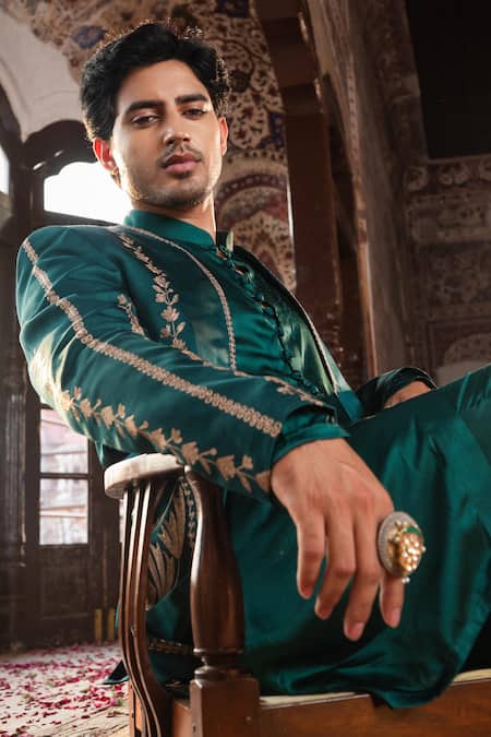 Buy_Angad Creations_Emerald Green Cotton Satin Embroidery Naseem Thread Work Jacket Kurta Set _Online_at_Aza_Fashions