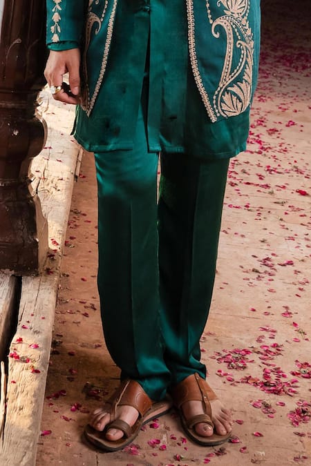 Shop_Angad Creations_Emerald Green Cotton Satin Embroidery Naseem Thread Work Jacket Kurta Set _Online_at_Aza_Fashions