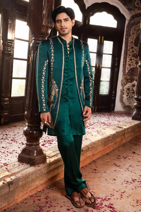 Angad Creations_Emerald Green Cotton Satin Embroidery Naseem Thread Work Jacket Kurta Set _at_Aza_Fashions