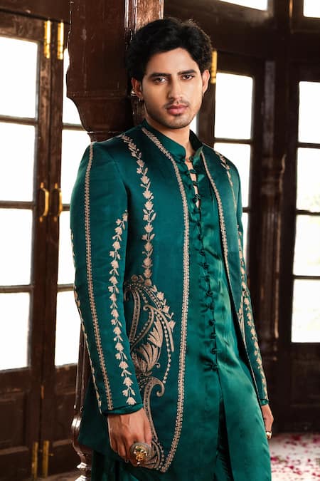Buy_Angad Creations_Emerald Green Cotton Satin Embroidery Naseem Thread Work Jacket Kurta Set 