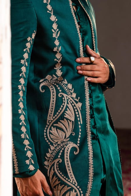 Shop_Angad Creations_Emerald Green Cotton Satin Embroidery Naseem Thread Work Jacket Kurta Set 