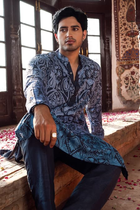 Buy_Angad Creations_Gray Viscose, Silk Embroidery Aflaak Thread Work Kurta And Pant Set _Online_at_Aza_Fashions