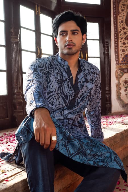 Shop_Angad Creations_Gray Viscose, Silk Embroidery Aflaak Thread Work Kurta And Pant Set _Online_at_Aza_Fashions