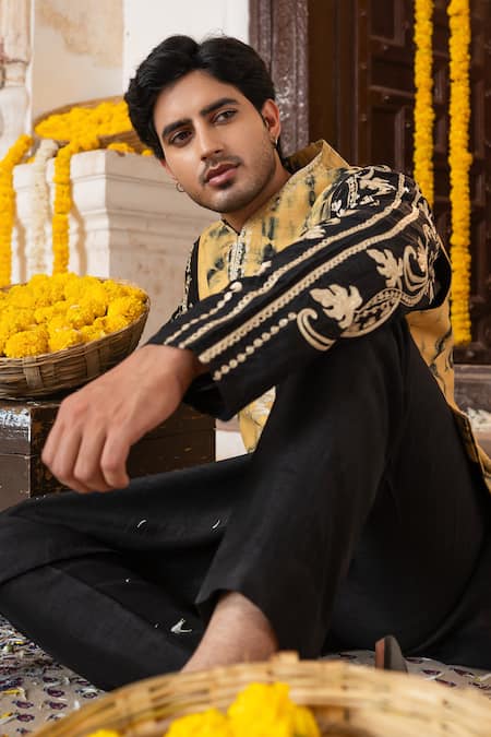 Buy_Angad Creations_Black Silk Embroidery, Metallic Arafat Ombre Tilla Work Nehru Jacket And Kurta Set _Online_at_Aza_Fashions