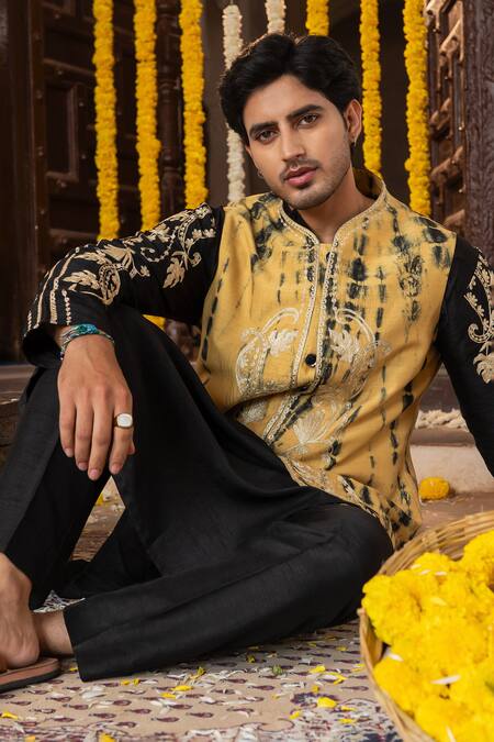 Shop_Angad Creations_Black Silk Embroidery, Metallic Arafat Ombre Tilla Work Nehru Jacket And Kurta Set _Online_at_Aza_Fashions