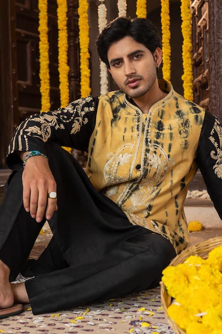 Angad Creations_Black Silk Embroidery, Metallic Arafat Ombre Tilla Work Nehru Jacket And Kurta Set _at_Aza_Fashions