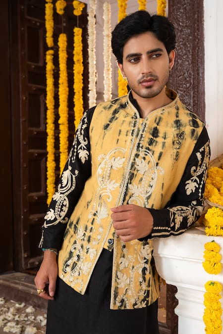 Buy_Angad Creations_Black Silk Embroidery, Metallic Arafat Ombre Tilla Work Nehru Jacket And Kurta Set 