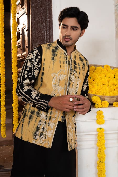 Shop_Angad Creations_Black Silk Embroidery, Metallic Arafat Ombre Tilla Work Nehru Jacket And Kurta Set 