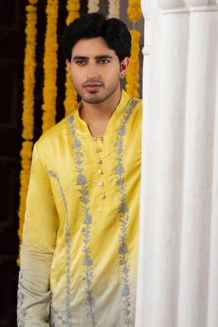 Buy_Angad Creations_Yellow Linen, Satin Embroidery Khush Rangi Ombre Tilla Work Kurta Set _Online_at_Aza_Fashions