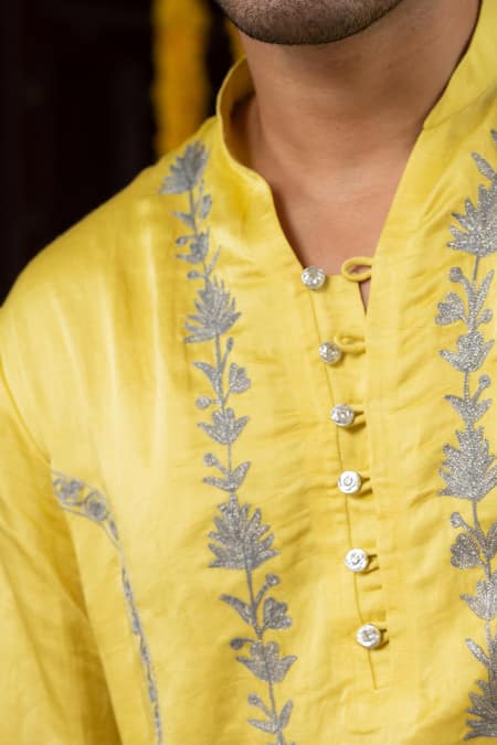 Shop_Angad Creations_Yellow Linen, Satin Embroidery Khush Rangi Ombre Tilla Work Kurta Set _Online_at_Aza_Fashions