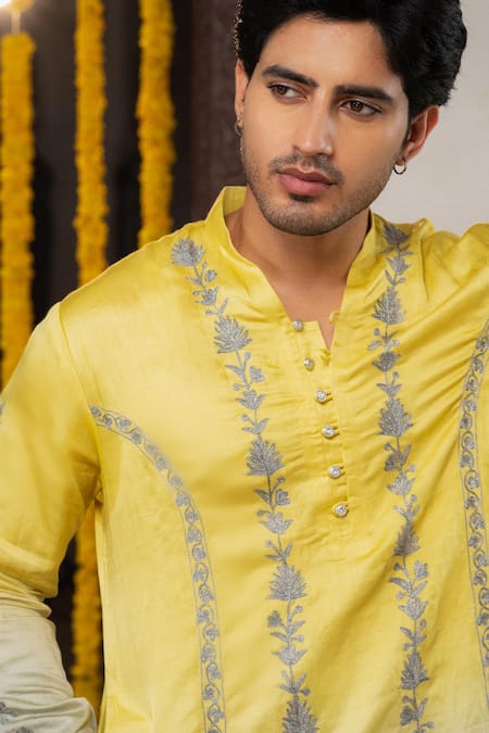 Buy_Angad Creations_Yellow Linen, Satin Embroidery Khush Rangi Ombre Tilla Work Kurta Set 