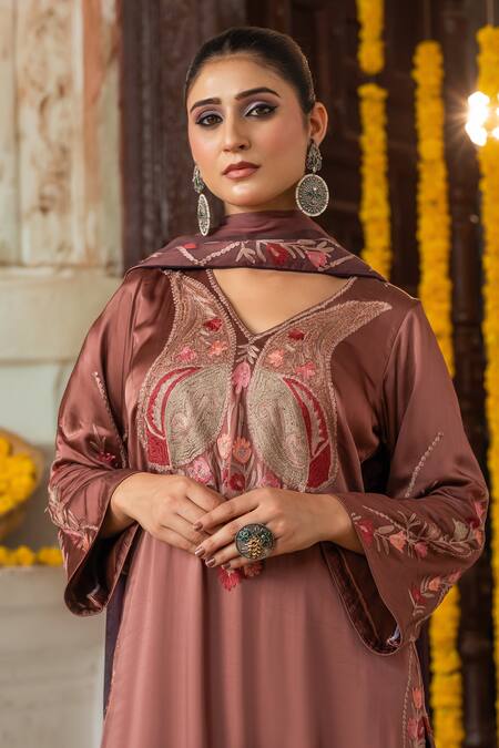 Buy_Angad Creations_Brown Cotton Satin, Organza Nazameen Ombre Thread And Tilla Work Kurta Set _Online_at_Aza_Fashions