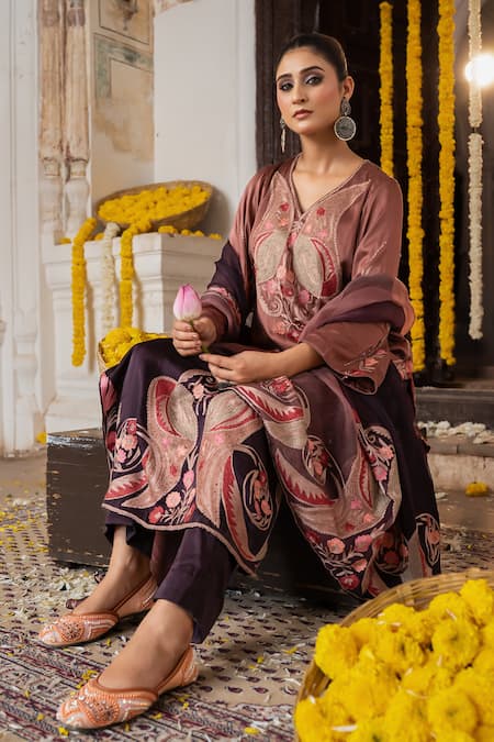 Shop_Angad Creations_Brown Cotton Satin, Organza Nazameen Ombre Thread And Tilla Work Kurta Set _Online_at_Aza_Fashions