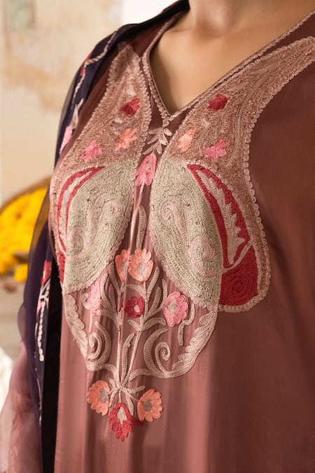 Angad Creations_Brown Cotton Satin, Organza Nazameen Ombre Thread And Tilla Work Kurta Set _at_Aza_Fashions