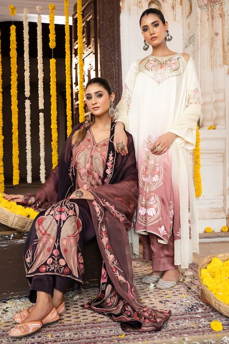 Shop_Angad Creations_Brown Cotton Satin, Organza Nazameen Ombre Thread And Tilla Work Kurta Set 