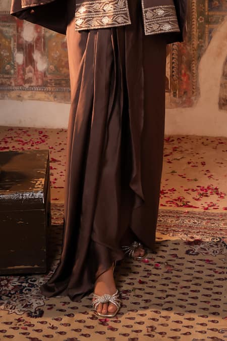 Angad Creations_Brown Cotton Satin Embroidery, Metallic Thread Eera And Tilla Shrug Jacket Set _Online_at_Aza_Fashions