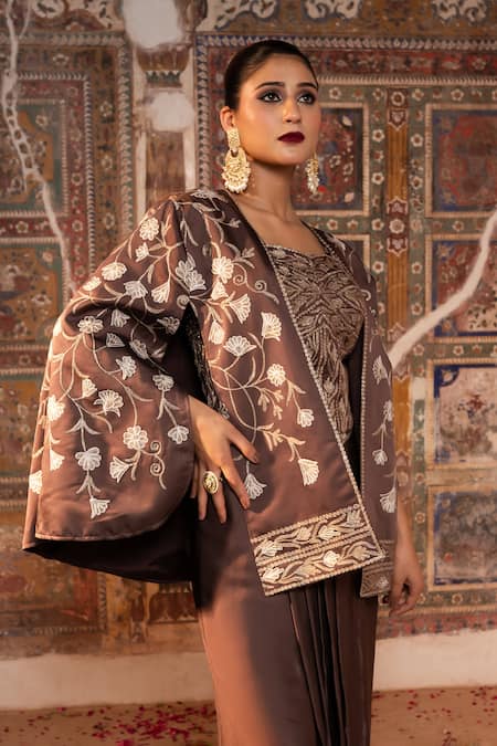 Angad Creations_Brown Cotton Satin Embroidery, Metallic Thread Eera And Tilla Shrug Jacket Set _at_Aza_Fashions