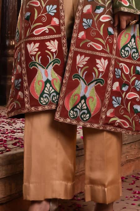 Buy_Angad Creations_Olive Green Crepe, Cotton Satin Embroidery, Zia Tilla And Work Jacket Set _Online_at_Aza_Fashions