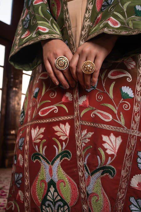 Buy_Angad Creations_Olive Green Crepe, Cotton Satin Embroidery, Zia Tilla And Work Jacket Set 