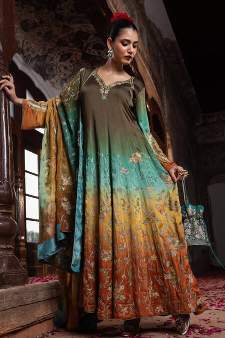 Buy_Angad Creations_Multi Color Cotton Satin, Organza Tasavvur Ombre And Tilla Work Anarkali Set _Online_at_Aza_Fashions