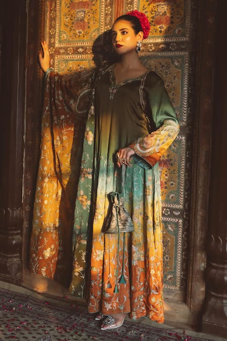 Shop_Angad Creations_Multi Color Cotton Satin, Organza Tasavvur Ombre And Tilla Work Anarkali Set _Online_at_Aza_Fashions