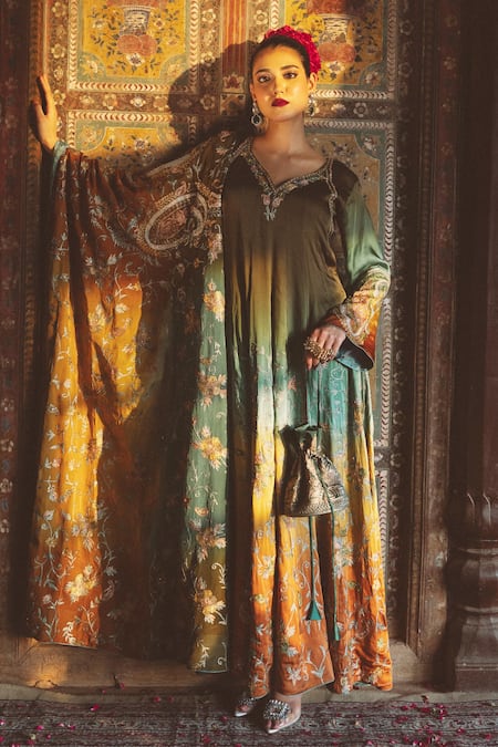 Buy_Angad Creations_Multi Color Cotton Satin, Organza Tasavvur Ombre And Tilla Work Anarkali Set 