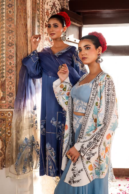 Angad Creations_Sky Blue Crepe, Silk Embroidery Sweetheart Neck, Open Ferozi Jacket Skirt Set _at_Aza_Fashions