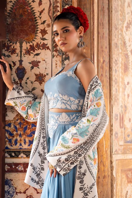 Buy_Angad Creations_Sky Blue Crepe, Silk Embroidery Sweetheart Neck, Open Ferozi Jacket Skirt Set 