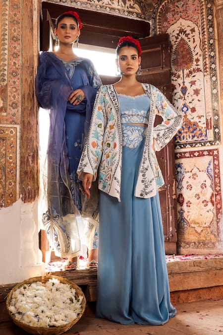 Shop_Angad Creations_Sky Blue Crepe, Silk Embroidery Sweetheart Neck, Open Ferozi Jacket Skirt Set 