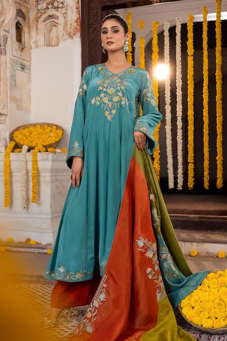 Shop_Angad Creations_Teal Crepe, Tissue Embroidery V-neck Shifa Thread And Tilla Work Anarkali Set _Online_at_Aza_Fashions
