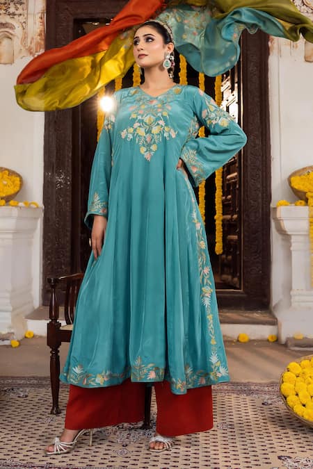 Buy_Angad Creations_Teal Crepe, Tissue Embroidery V-neck Shifa Thread And Tilla Work Anarkali Set 