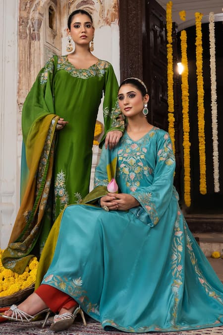Shop_Angad Creations_Teal Crepe, Tissue Embroidery V-neck Shifa Thread And Tilla Work Anarkali Set 