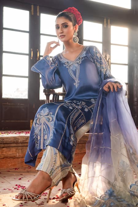 Shop_Angad Creations_Purple Cotton Satin, Organza Embroidery, Neelgun And Tilla Work Kurta Set _Online_at_Aza_Fashions