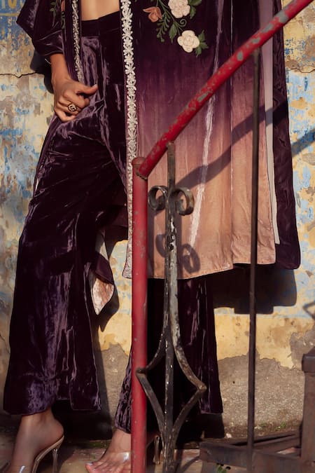 Shop Angad Creations Purple Silk, Velvet Embroidery Open Neck, Sweetheart Shahana Thread Kaftan Set Online at Aza Fashions Shop_Angad Creations_Purple Silk, Velvet Embroidery Open Neck, Sweetheart Shahana Thread Kaftan Set _Online_at_Aza_Fashions