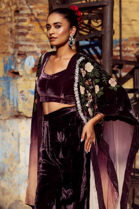 Angad Creations Purple Silk, Velvet Embroidery Open Neck, Sweetheart Shahana Thread Kaftan Set at Aza Fashions Angad Creations_Purple Silk, Velvet Embroidery Open Neck, Sweetheart Shahana Thread Kaftan Set _at_Aza_Fashions