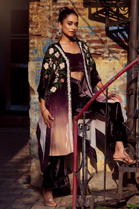 Buy Angad Creations Purple Silk, Velvet Embroidery Open Neck, Sweetheart Shahana Thread Kaftan Set Buy_Angad Creations_Purple Silk, Velvet Embroidery Open Neck, Sweetheart Shahana Thread Kaftan Set