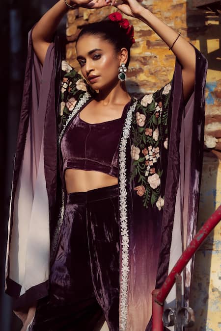 Shop Angad Creations Purple Silk, Velvet Embroidery Open Neck, Sweetheart Shahana Thread Kaftan Set Shop_Angad Creations_Purple Silk, Velvet Embroidery Open Neck, Sweetheart Shahana Thread Kaftan Set