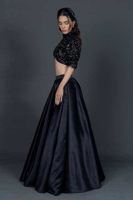 Damoiselle_Black Satin, Shantoon Sequins, Beads High Madrid Embroidered Skirt With Blouse _Online_at_Aza_Fashions