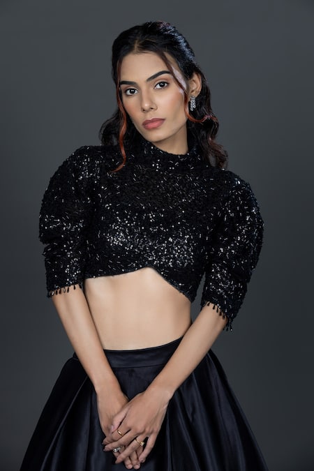 Damoiselle_Black Satin, Shantoon Sequins, Beads High Madrid Embroidered Skirt With Blouse _at_Aza_Fashions