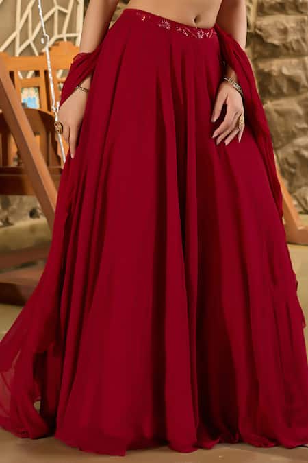 Damoiselle_Red Georgette, Shantoon Sequins, Ruffles V-neck Laalima Embellished Lehenga Set _Online_at_Aza_Fashions