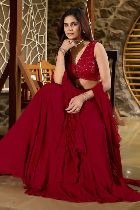 Shop_Damoiselle_Red Georgette, Shantoon Sequins, Ruffles V-neck Laalima Embellished Lehenga Set _Online_at_Aza_Fashions