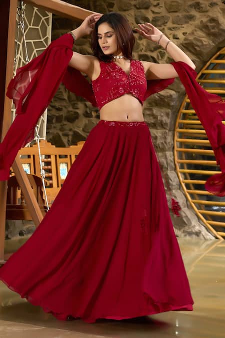 Damoiselle_Red Georgette, Shantoon Sequins, Ruffles V-neck Laalima Embellished Lehenga Set _at_Aza_Fashions