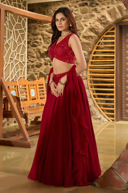 Shop_Damoiselle_Red Georgette, Shantoon Sequins, Ruffles V-neck Laalima Embellished Lehenga Set 