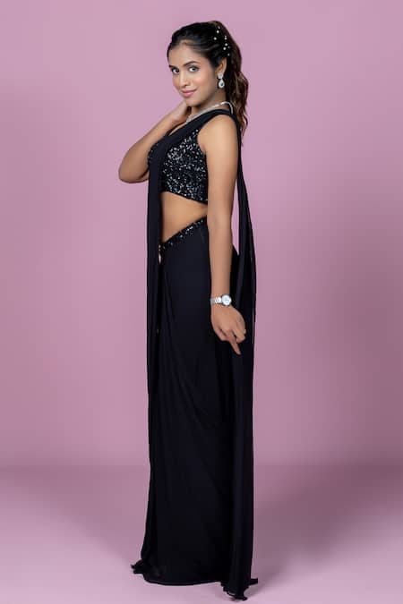 Damoiselle_Black Georgette, Net, Shantoon Midnight Spark Pre-draped Saree With Blouse _Online_at_Aza_Fashions