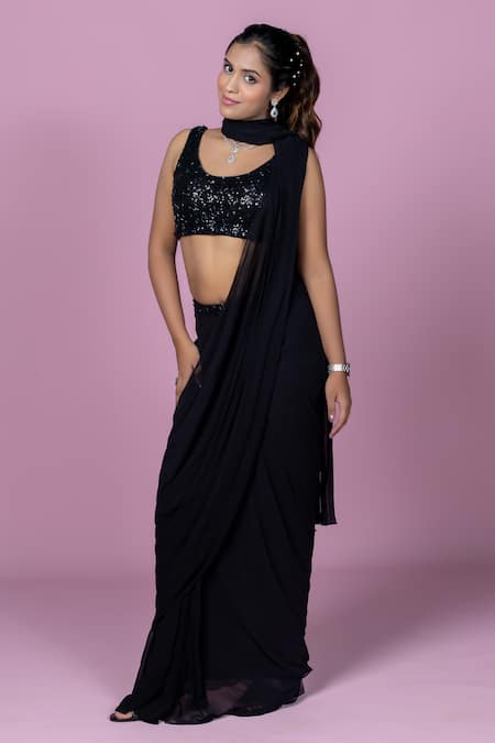 Damoiselle Midnight Spark Pre-Draped Saree With Blouse 