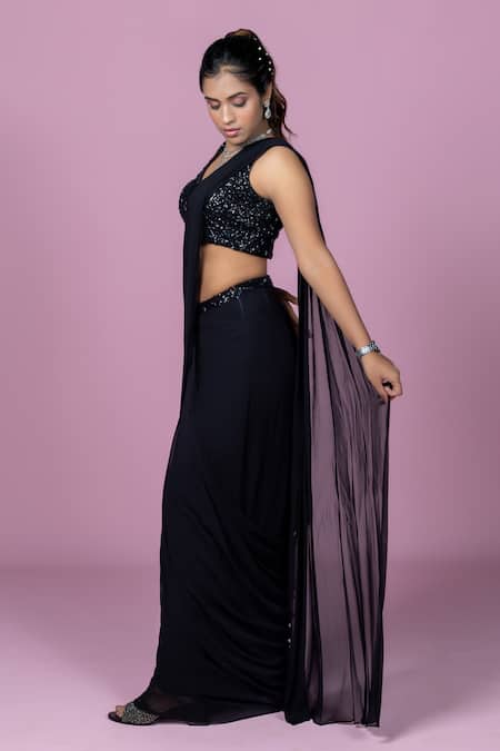 Buy_Damoiselle_Black Georgette, Net, Shantoon Midnight Spark Pre-draped Saree With Blouse _Online_at_Aza_Fashions