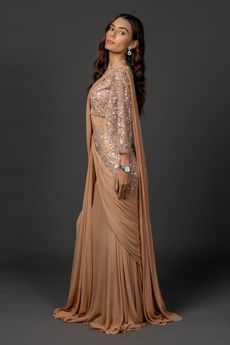 Damoiselle_Brown Viscose Georgette, Net, Shantoon Mocha Gleam Pre-draped Saree With Blouse _Online_at_Aza_Fashions